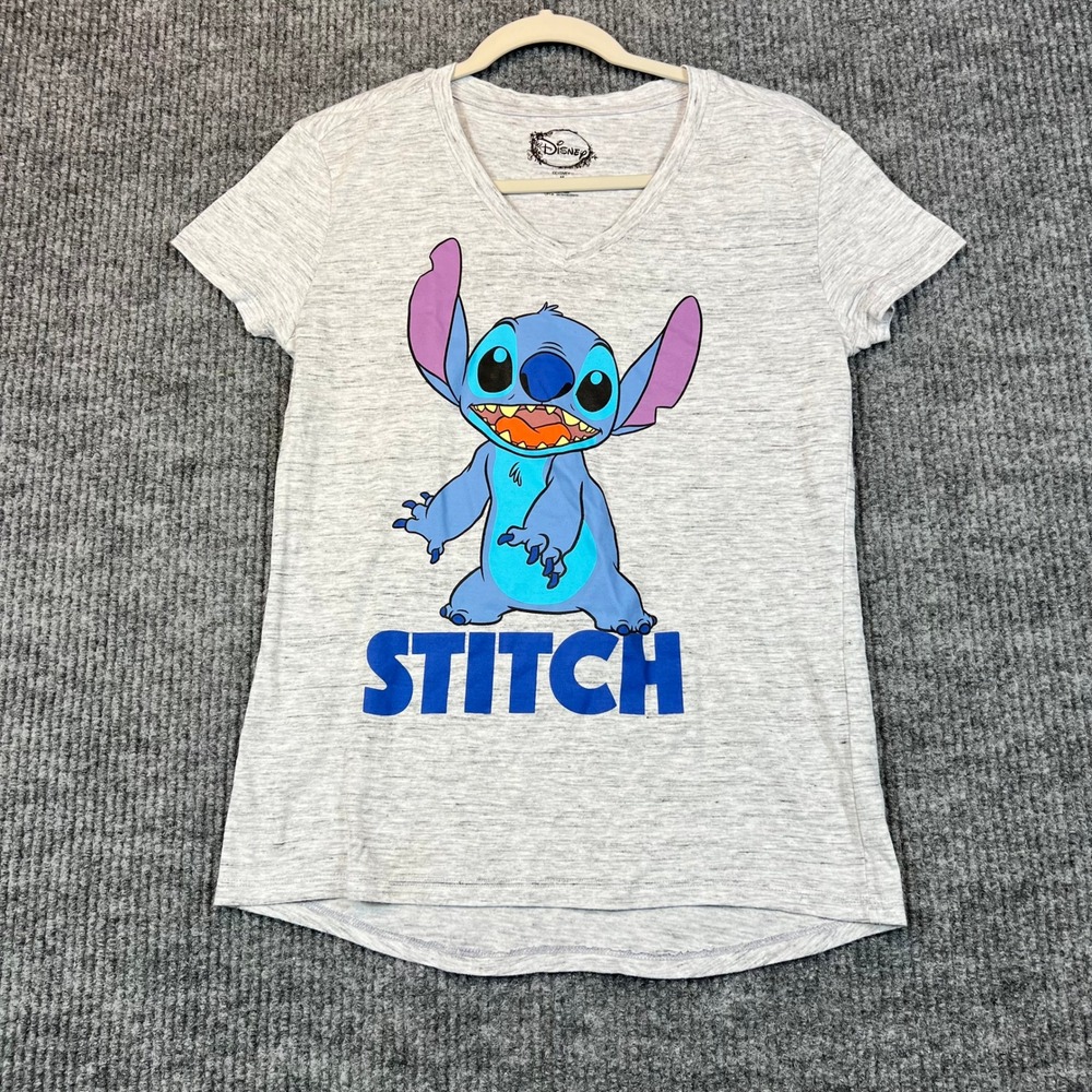 Disney Stitch Graphic T-Shirt Cotton Blend Heathered Grey V-Neck Casual